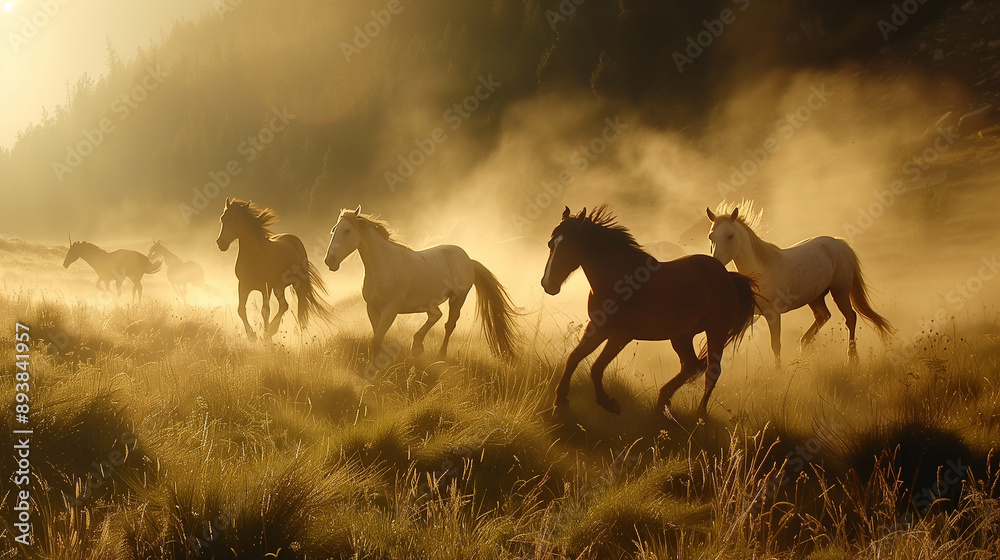 Wild horses galloping through a valley Wild horses galloping through a valley