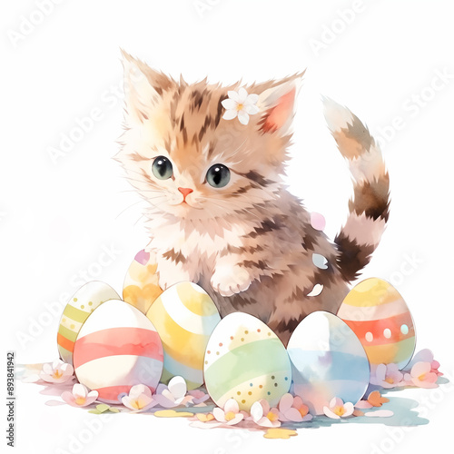 Easter greeting card, kawaii fluffy kitten sits among colorful easter eggs and flowers. Spring postcard with cute cat for religious holiday. Watercolor style.