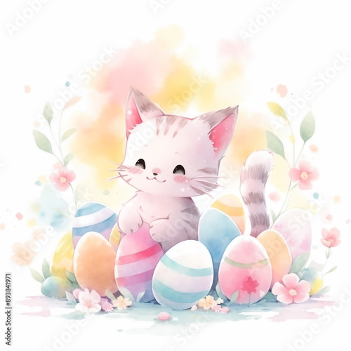 Easter greeting card with kawaii fluffy kitten sits among colorful easter eggs. Spring postcard with cute cat for religious holiday. Watercolor style.
