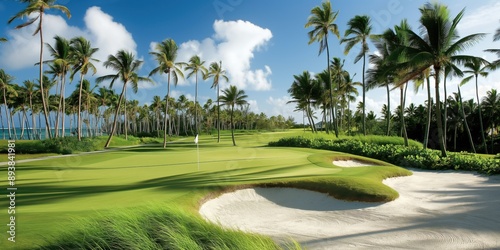 A photo of a golf course in the Caribbean, with green grass, the green and flag, and a sand bunker in the background, palm trees. Golf and leisure concept.