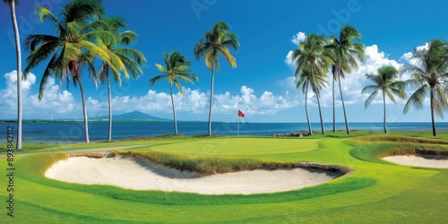 A photo of a golf course in the Caribbean, with green grass, the green and flag, and a sand bunker in the background, palm trees. Golf and leisure concept.