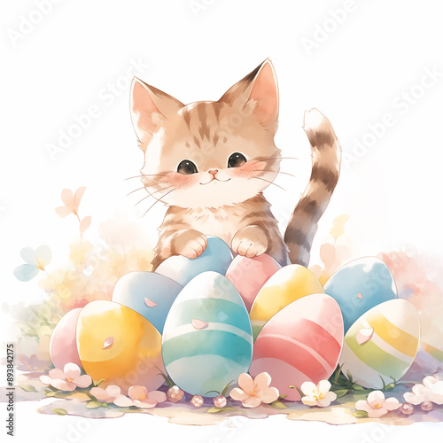 Easter greeting card with kawaii fluffy kitten sits among colorful easter eggs in grass. Spring postcard with cute cat for religious holiday. Watercolor style.