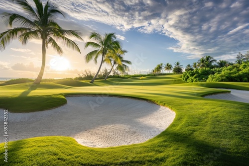 A photo of a golf course in the Caribbean, with green grass, the green and flag, and a sand bunker in the background, palm trees. Golf and leisure concept. photo