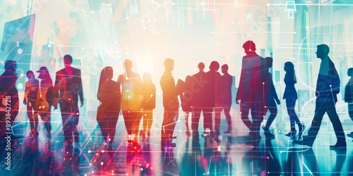 Group of multinational people and technology. Digital transformation. Wide angle visual for banners