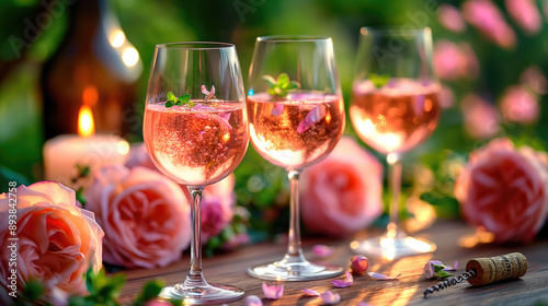 glasses of rose wine on a festive dinner wedding table, magazine style,   Beverage