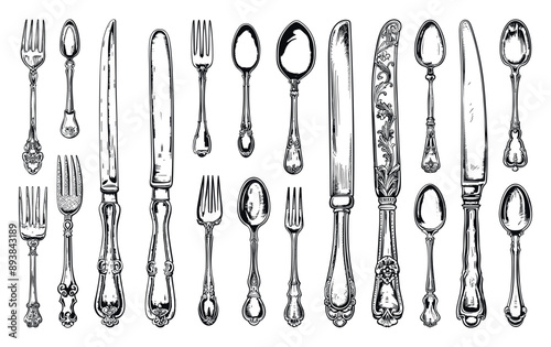 Assorted Silver Cutlery Engraving Style Icons Set Vintage Utensils Line Sketch Crisp Contours Classic Design Elements Retro Kitchenware Detailed Drawings