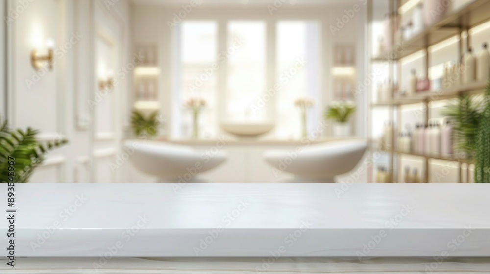 Fototapeta premium Empty white tabletop in front on blurred spa salon background for display your product