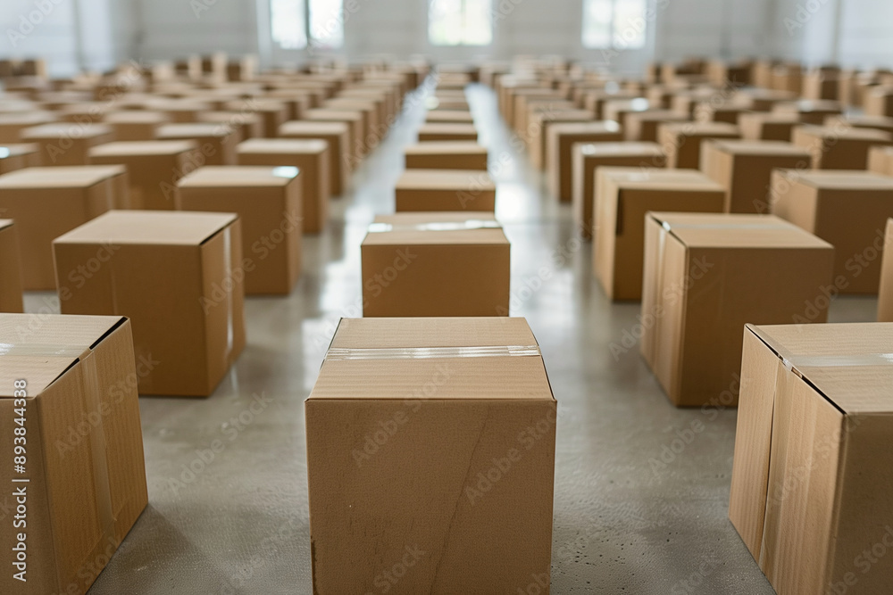 Fototapeta premium A large number of cardboard boxes are stacked in a warehouse