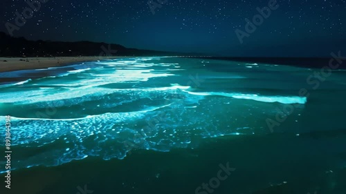 This Waves glow with bioluminescence under a starry sky. Natural phenomena