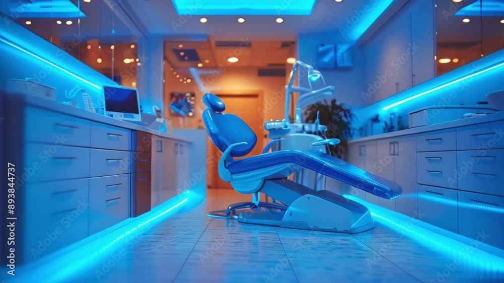 Modern Dental Clinic, Dentist chair and other accessories used by dentists in blue medical light. Slow motion footage. Ad and copy space 