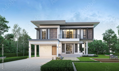 Modern house exterior evening view with lawn grass.3d rendering