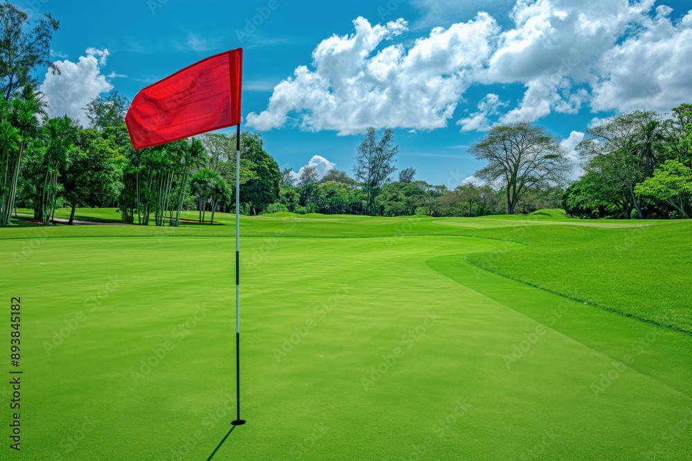 Obraz premium A photo of a golf course in the UK, with green grass, the green and flag, and a sand bunker in the background. Golf and leisure concept.