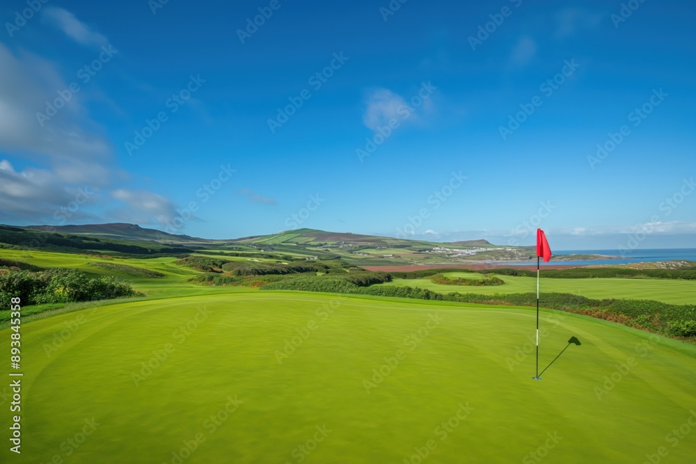 A photo of a golf course in the UK, with green grass, the green and flag, and a sand bunker in the background. Golf and leisure concept. A photo of a golf course in the UK, with green grass, the green and flag, and a sand bunker in the background. Golf and leisure concept.