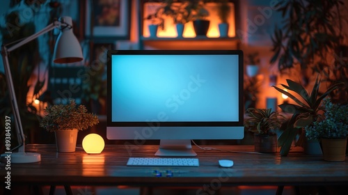 A computer mockup decor and a dim light from a lamp on a table in a dark office room at night