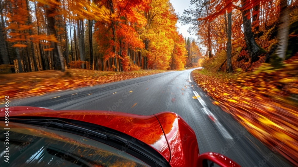 Red car driving down a road lined with autumn foliage Red car driving down a road lined with autumn foliage
