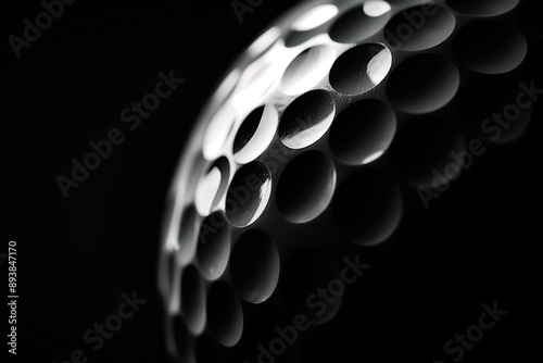 A studio close-up photo white golf ball against a black background with shadows and soft highlights. Space for copy. Golf and leisure concept.