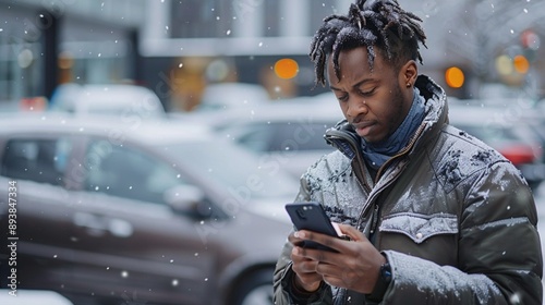 Afro-American man, dressed warmly in a jacket, stands amidst falling snow while engrossed in phone photo