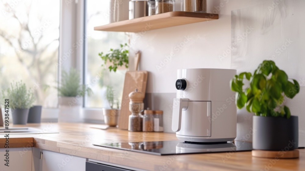 Fototapeta premium Modern kitchen scene featuring a white air fryer on a wooden countertop