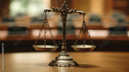 Scales of justice placed on a polished wooden table