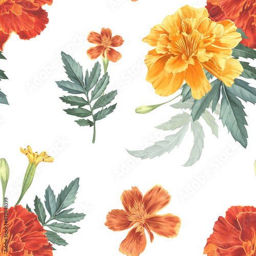 Marigolds, yellow and red buds with leaves. Watercolor illustration. Garden flowers. Seamless pattern from tagetes. Sempasuchitl ornament for background, packaging, textile, wallpaper