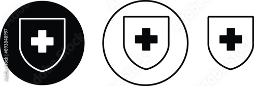 Medical health protection shield cross icons set. Protected shield concept. Safety badge vector. Privacy metal banner shield. Security safeguard metal label. Presentation chrome sticker shape.