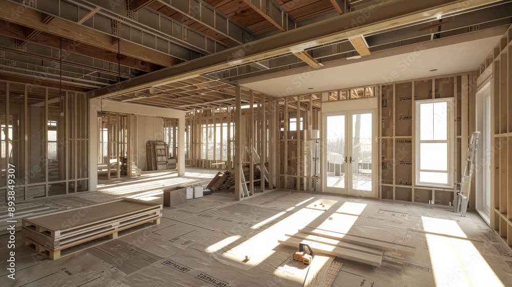 The interior of a room under construction showcasing unfinished framing and exposed beams The interior of a room under construction showcasing unfinished framing and exposed beams