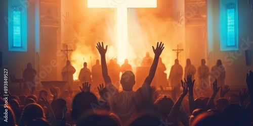  Church worship concept. Christians with raised hands pray and worship to the cross in church building. Salvation, gospel, faith, christian Easter, 