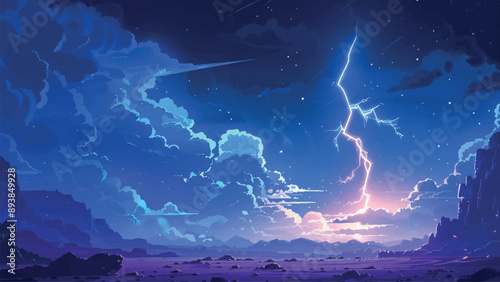 Bright Lightning Bolt Shooting Across Night Sky Cartoon Environment Adventure Mobile Game Stormy Weather Electric Flash Dark Clouds Colorful Illustration Atmospheric Scene