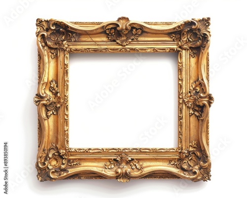 Gold Antique Frame. Adorned with Aged Ancient Bordering on White Background