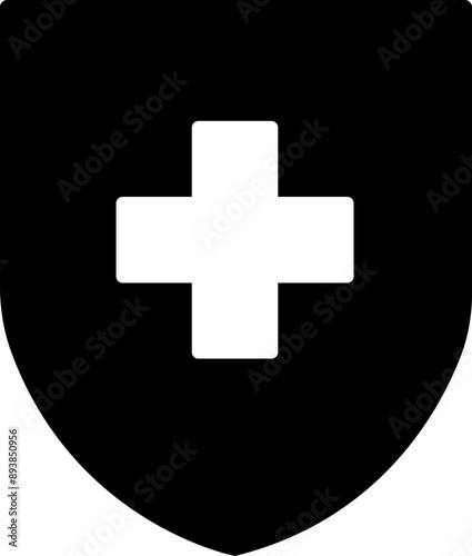 Medical health protection shield cross icon. Protected shield concept. Safety badge vector. Privacy metal banner shield. Security safeguard metal label. Presentation chrome sticker shape.