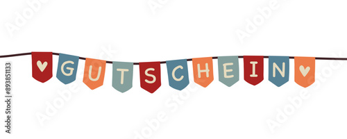  Gutschein - Schriftzug in deutscher Sprache. Banner mit einer bunten Wimpelkette.