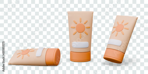 3D tube of sun protection cream. Cosmetic packaging with sun and place for text, logo