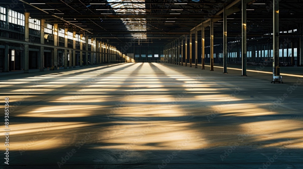 Empty warehouse with dramatic lighting and shadows Empty warehouse with dramatic lighting and shadows