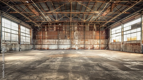 Empty warehouse with dramatic lighting and shadows