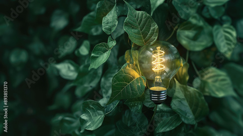 Eco-friendly lightbulb made from fresh leaves seen from a top view. Concept of Renewable Energy and Sustainable Living.