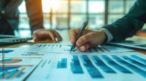 young business man hand holding pen and partner pointing graph chart for analyze the company's sales plan in the office.Generative AI