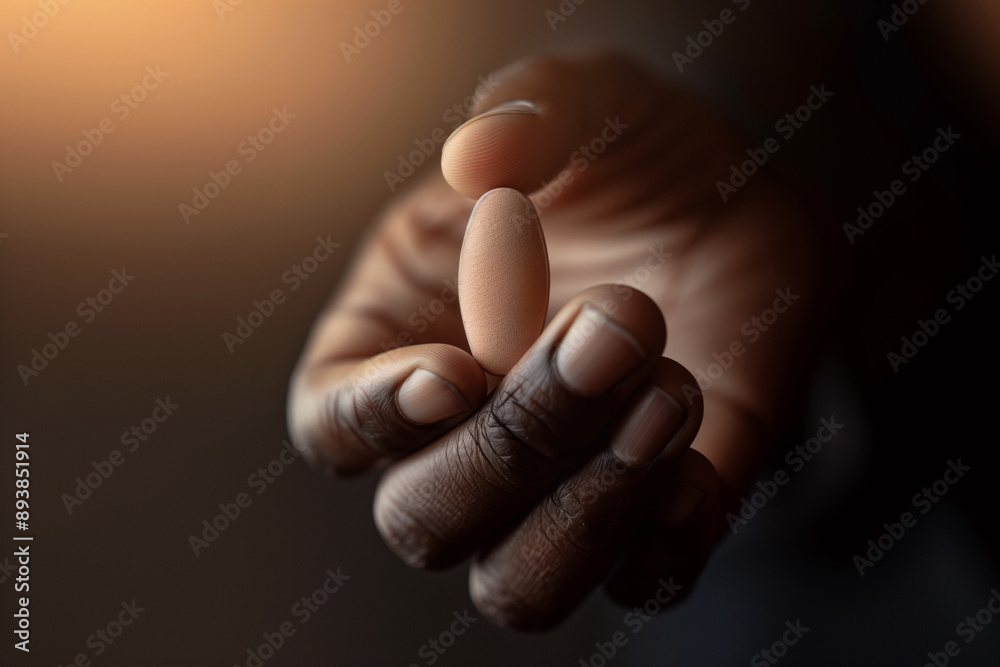 Close-up of a hand holding an oval pill between the fingers, with a dark blurred background.Advances and innovation in the pharmaceutical industry, representing new developments in medical treatments. Close-up of a hand holding an oval pill between the fingers, with a dark blurred background.Advances and innovation in the pharmaceutical industry, representing new developments in medical treatments.