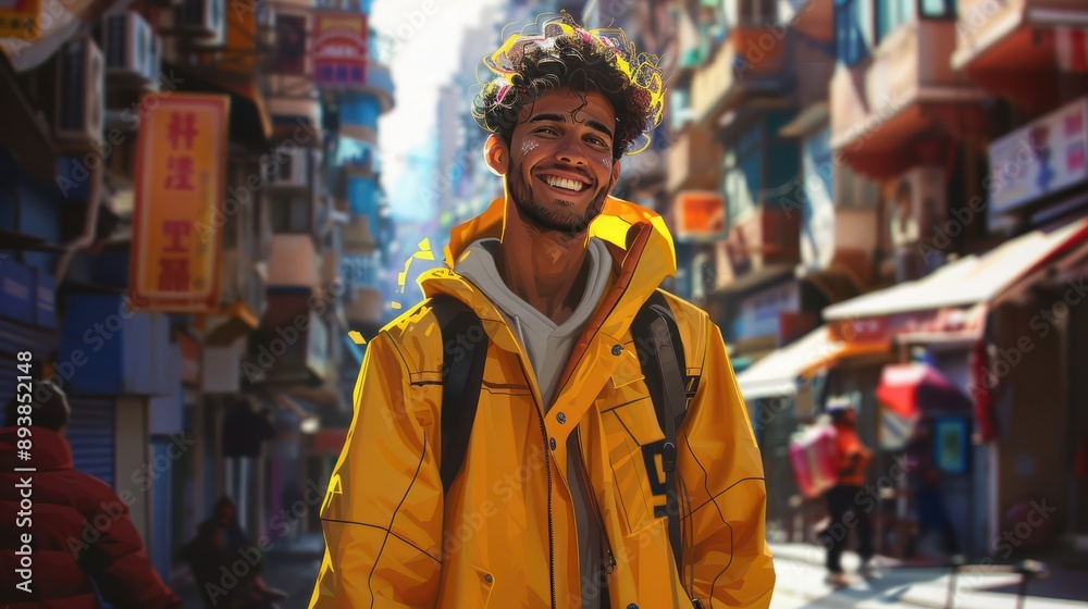 A smiling man in a yellow jacket and backpack in a vibrant urban street, his cheerful demeanor exemplifies exploration, style, and modern wanderlust in cityscapes. A smiling man in a yellow jacket and backpack in a vibrant urban street, his cheerful demeanor exemplifies exploration, style, and modern wanderlust in cityscapes.
