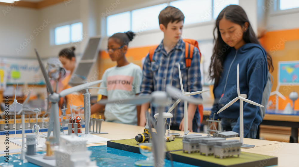 Students showcasing models of wind turbines and hydroelectric dams, with detailed diagrams and a bright classroom setting, left third copy space Students showcasing models of wind turbines and hydroelectric dams, with detailed diagrams and a bright classroom setting, left third copy space