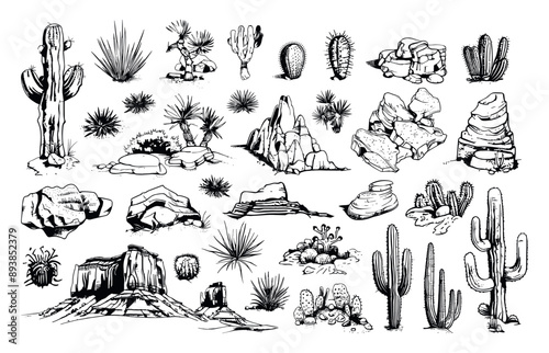 Desert Landscape Elements Engraving Icon Set Low Detailed Sketch White Background Vintage Style Arid Scenery Cacti Sand Dunes Rocky Outcrops Desert Flora Graphic Design Elements