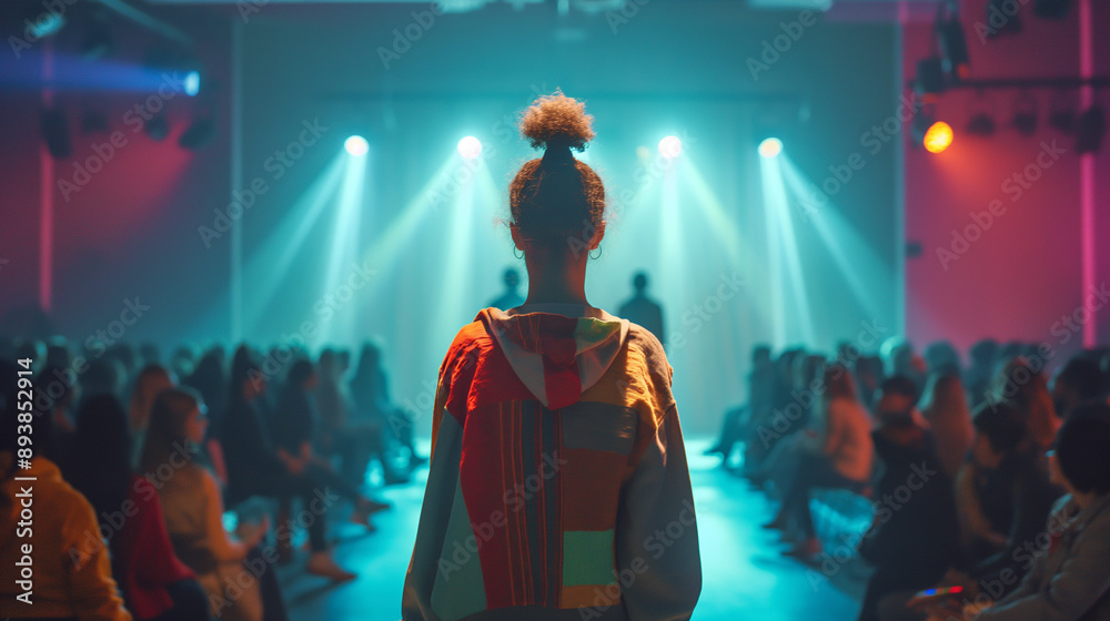 Students organizing a fashion show with clothes made from recycled materials, on a runway with spotlights, bottom third copy space Students organizing a fashion show with clothes made from recycled materials, on a runway with spotlights, bottom third copy space