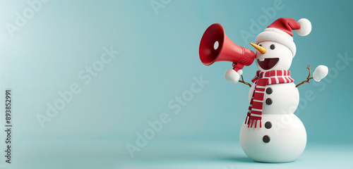 Snowman with megaphone, christmas advertising and marketing concept, social media, announcement for discount sale, winter holiday season 