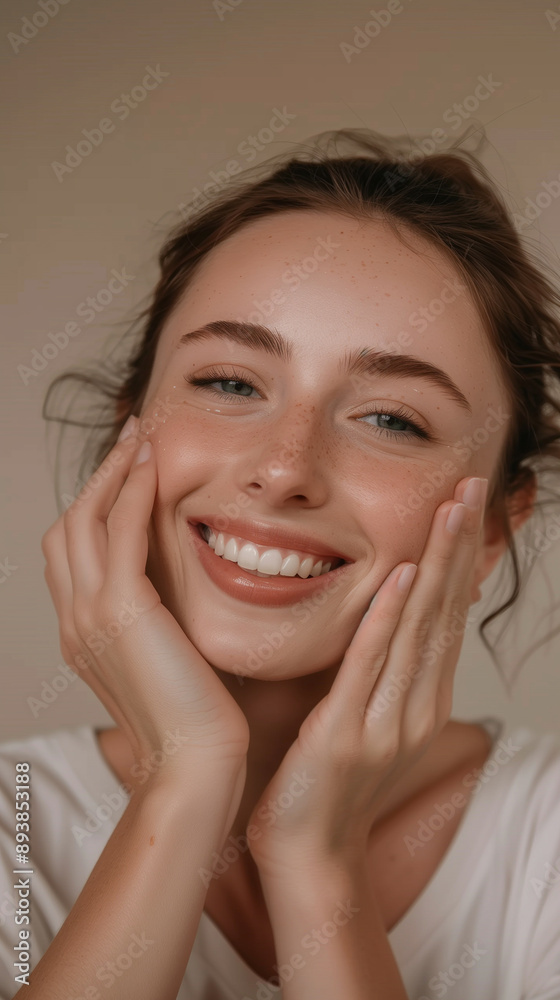 Woman smiling while touching her flawless glowy skin Woman smiling while touching her flawless glowy skin