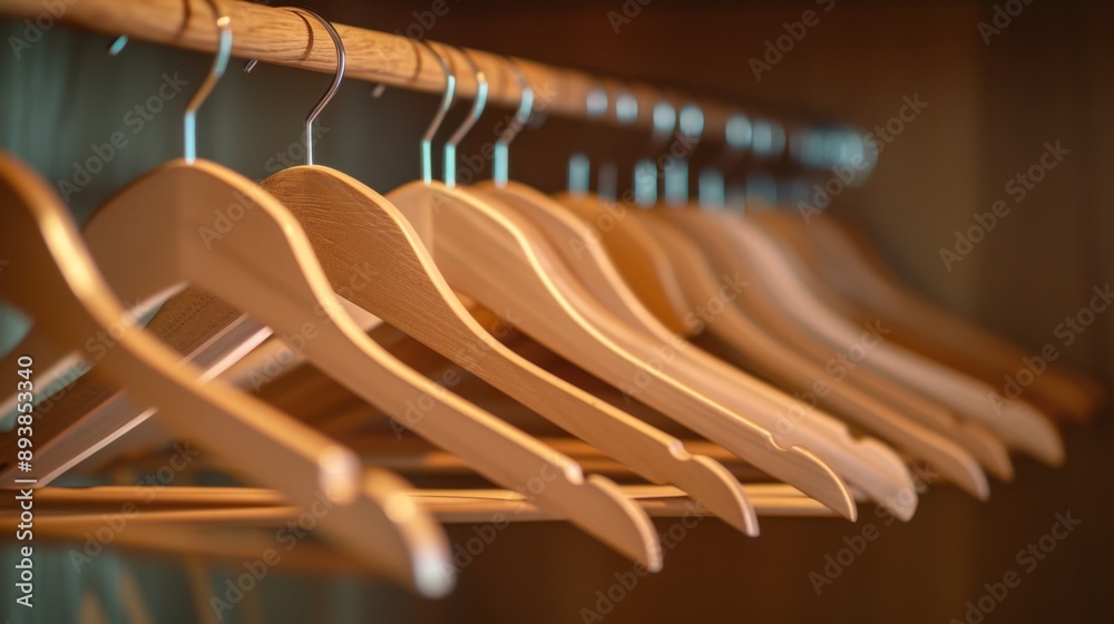 Several wooden clothes hangers neatly hanging on a rail in a wardrobe Several wooden clothes hangers neatly hanging on a rail in a wardrobe
