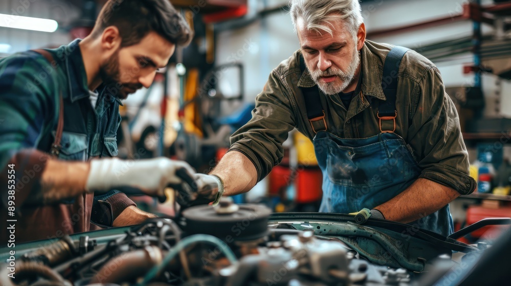 father and son working on a car piece in a garage