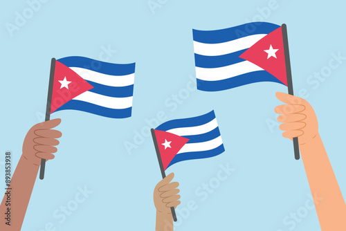 Diverse people hands raising flags of Cuba. Vector illustration of Cuba flags in flat style on blue background.