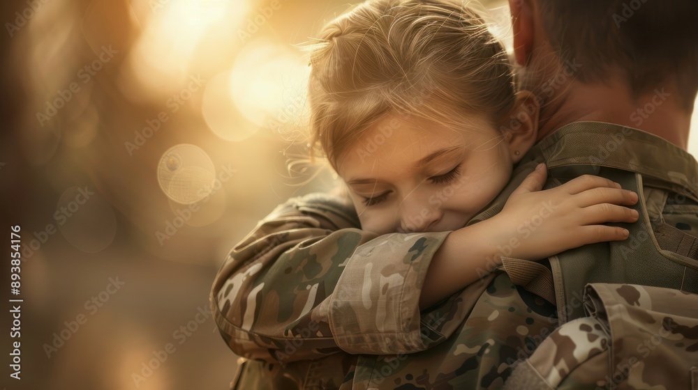 little girl hugging her soldier father who has just come home from the war little girl hugging her soldier father who has just come home from the war