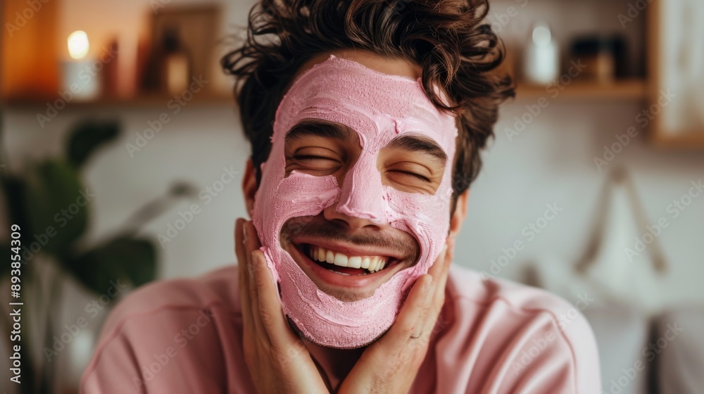 Handsome man with pink mask on his face Handsome man with pink mask on his face