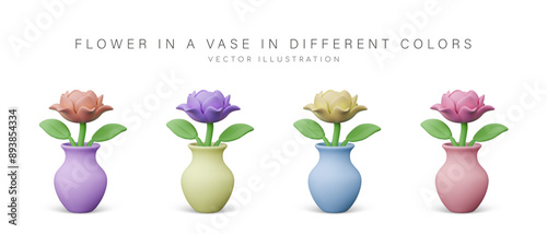 Large flower in vase. Set of floral elements of different colors