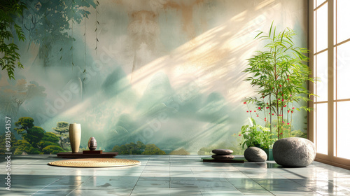 Tranquil Indoor Zen Garden with Sunlit Bamboo and Serene Decor